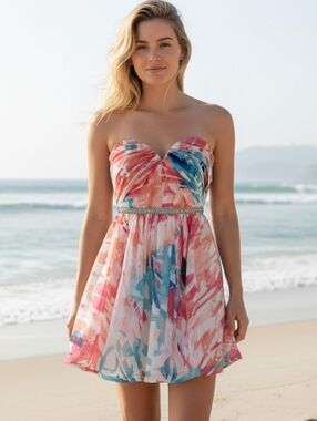 Love Reign Strapless Rhinestone  Watercolor Party Dress Size 1 Dopamine Coquette